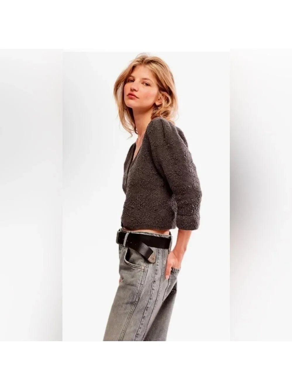 🔥NEW🔥 Free People Women's XS Geo Floral oversized fit Charcoal Grey Cardigan NWT